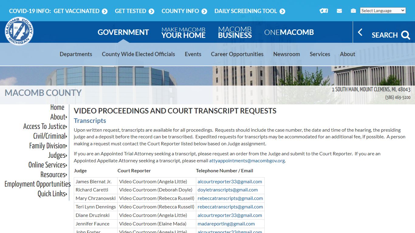 Video Proceedings and Court Transcript Requests - Macomb County